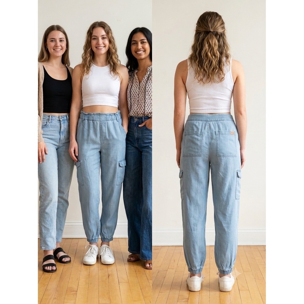 Indigo Rising Lyocell Cargo Joggers Light Wash Paperbag Waist Blue Pants M